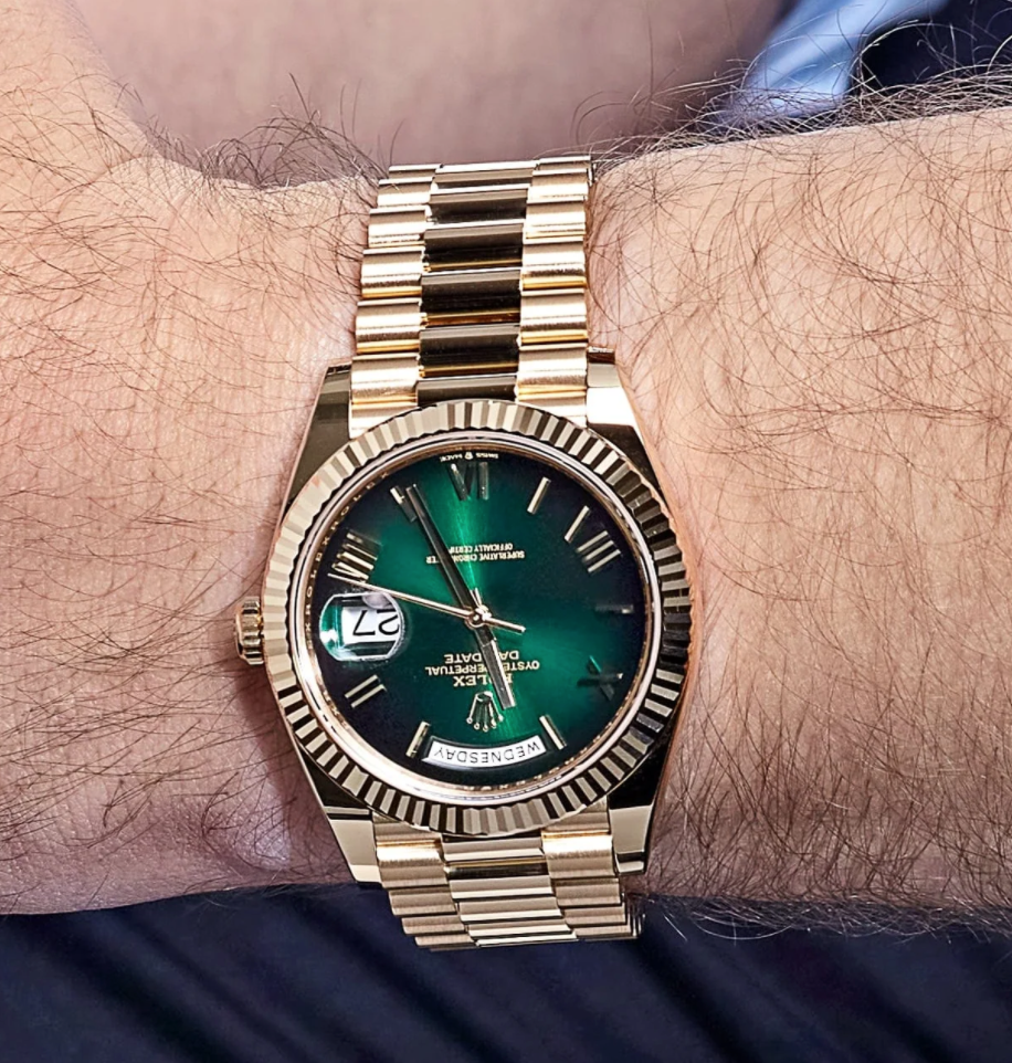 Day-date yellow gold green numeral dial 40mm