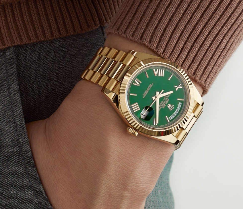 Day-date yellow gold green numerals dial 40mm