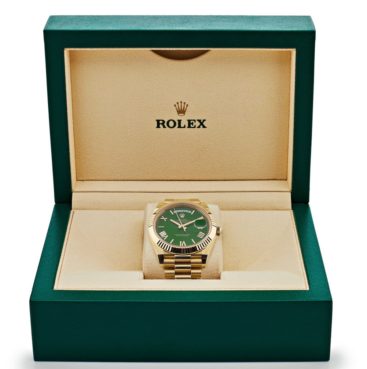 Day-date yellow gold green numerals dial 40mm