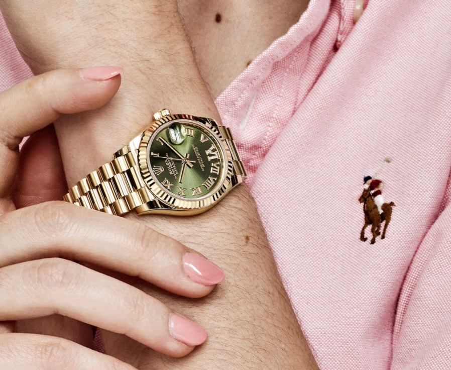 Date just ladies yellow gold diamond green dial 31mm