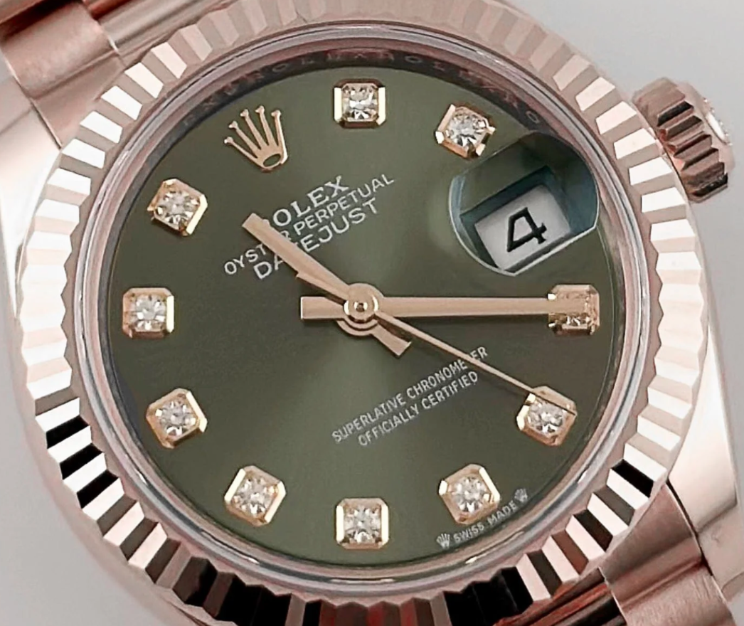 Date just ladies rose gold olive diamond green dial 28mm