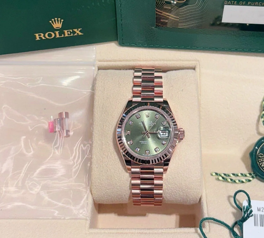 Date just ladies rose gold olive diamond green dial 28mm