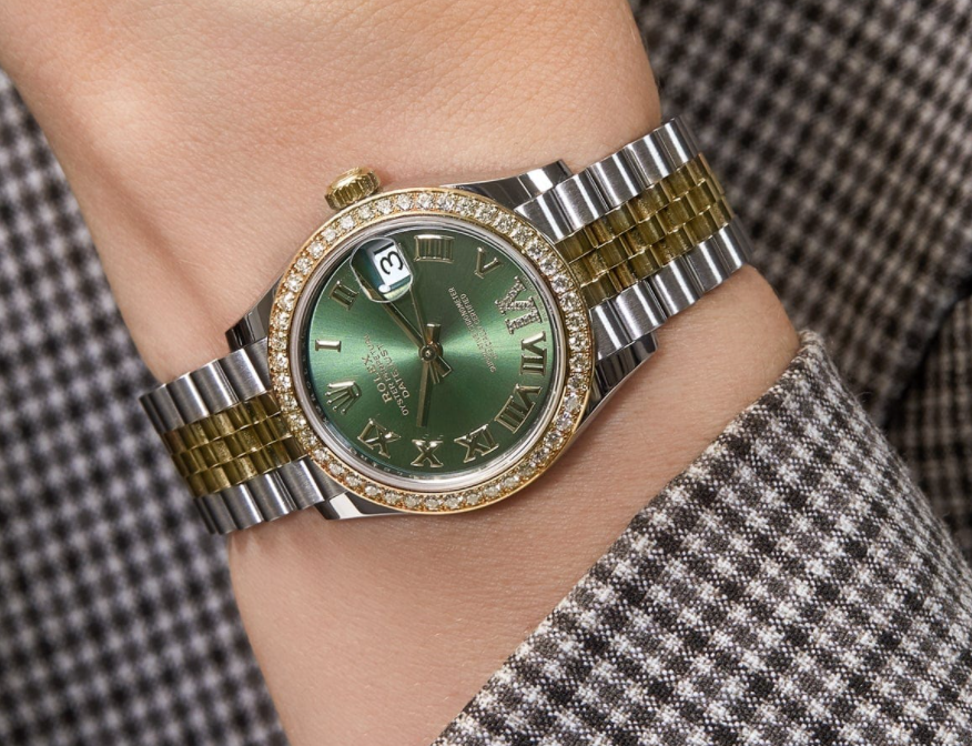 Date just ladies yellow gold green roman dial 31mm