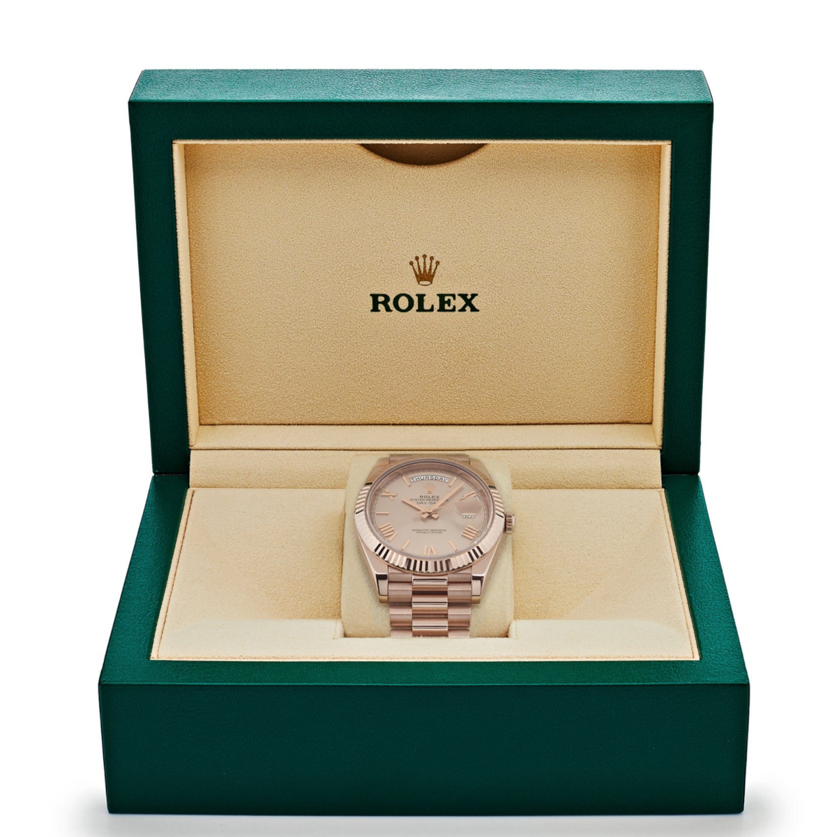 Day-date rose gold sundust roman dial 40mm