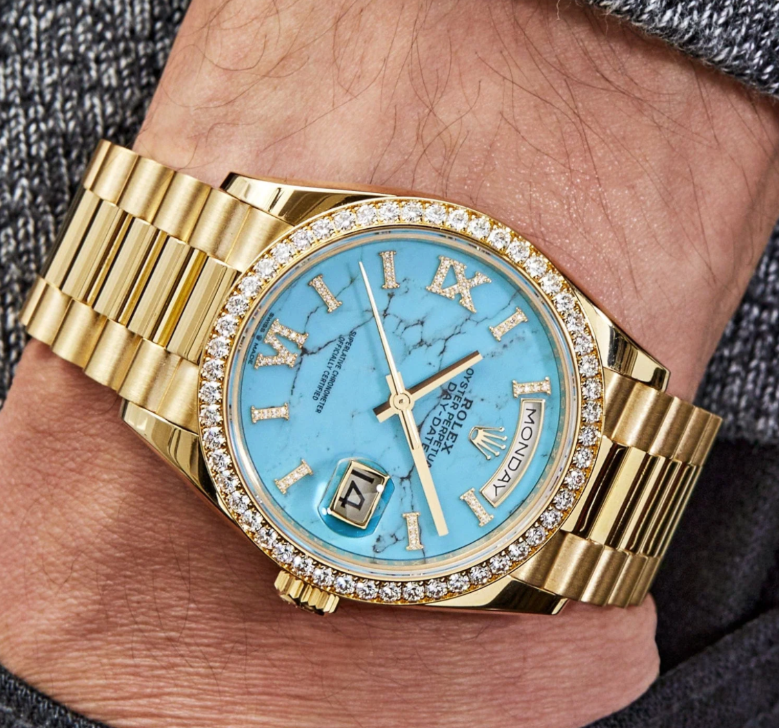 Day-date yellow gold turquoise diamond dial 36mm