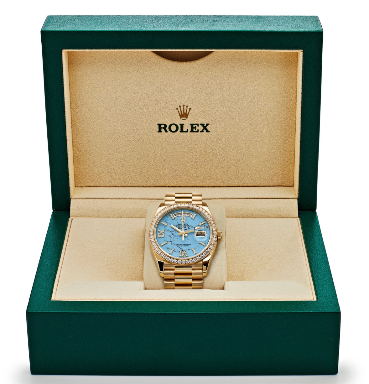 Day-date yellow gold turquoise diamond dial 36mm