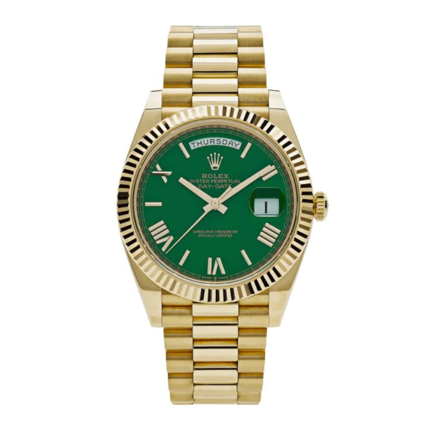 14-Rolexday-dateyellowgoldgreennumeralsdial40mm.png Day-date yellow gold green numerals dial 40mm - Image 1